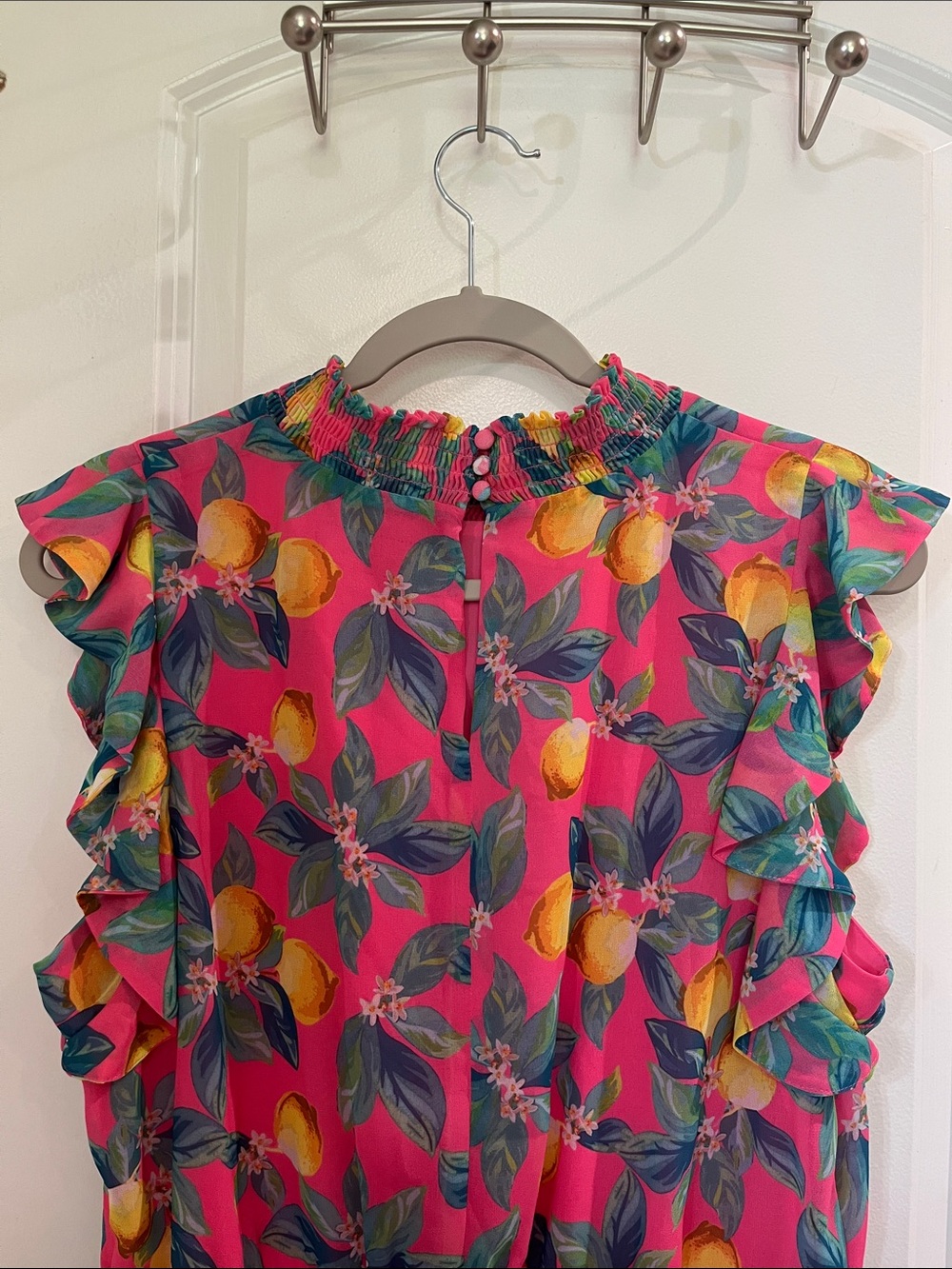Sam Edelman Tropical Lemon Print High Neck Chiffon Shift Dress Size 12 Pink NWT - Picture 9 of 11